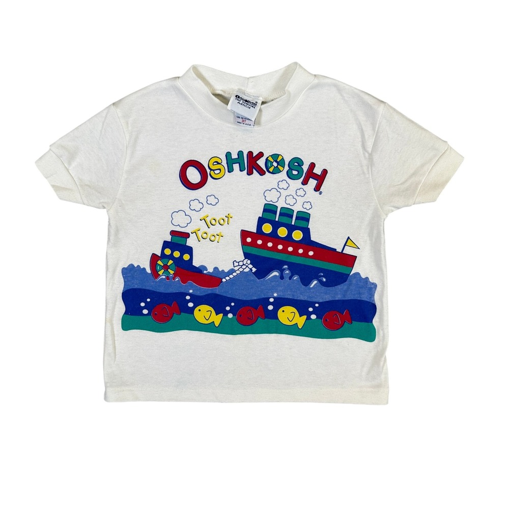 Vintage OshKosh Bgosh Toddler 3T White Boat Nautical T-Shirt Made in USA 90s